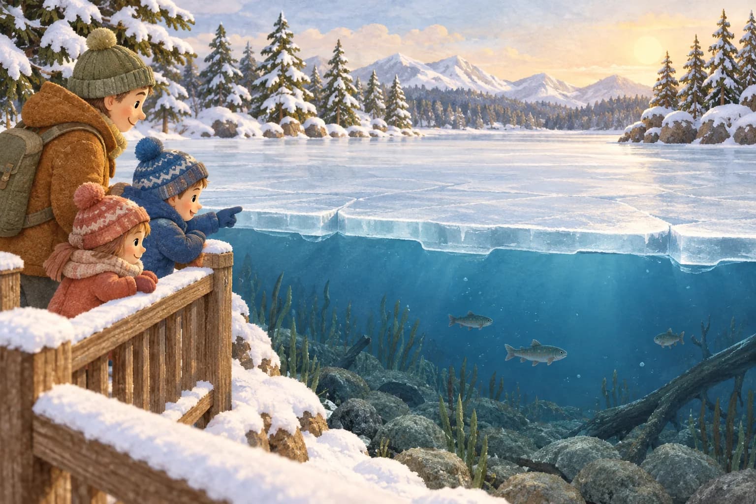 Un adulte et deux enfants observent un lac depuis un belvédère sécurisé ; une coupe montre l’eau liquide et les poissons sous la glace.