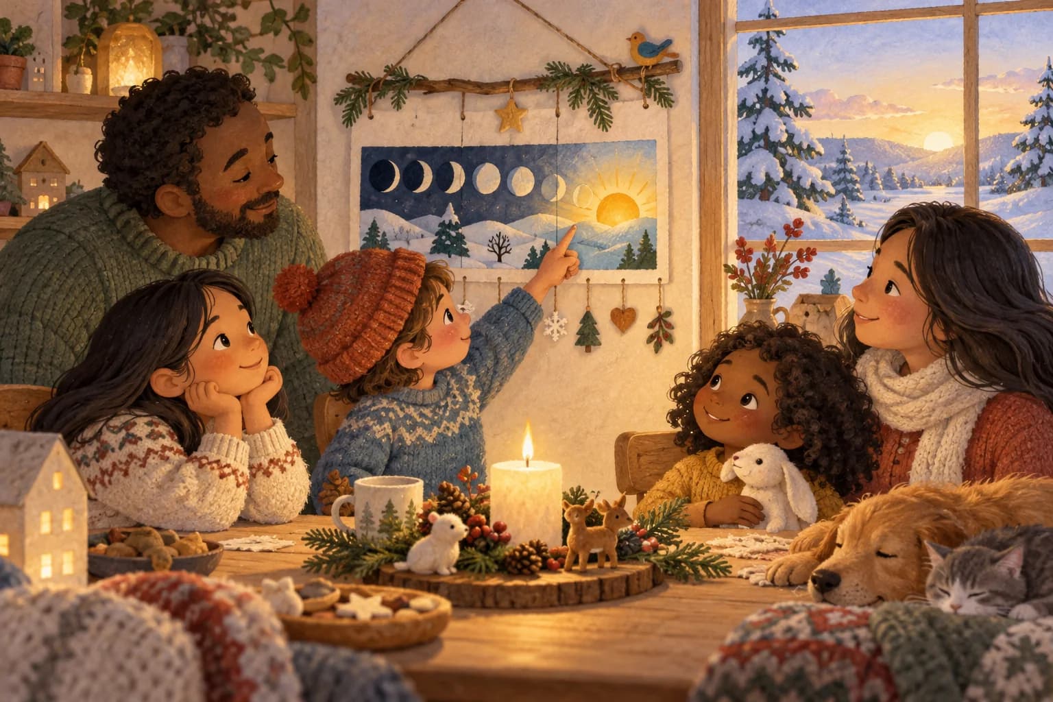 Famille observant un calendrier d’hiver éclairé par une bougie