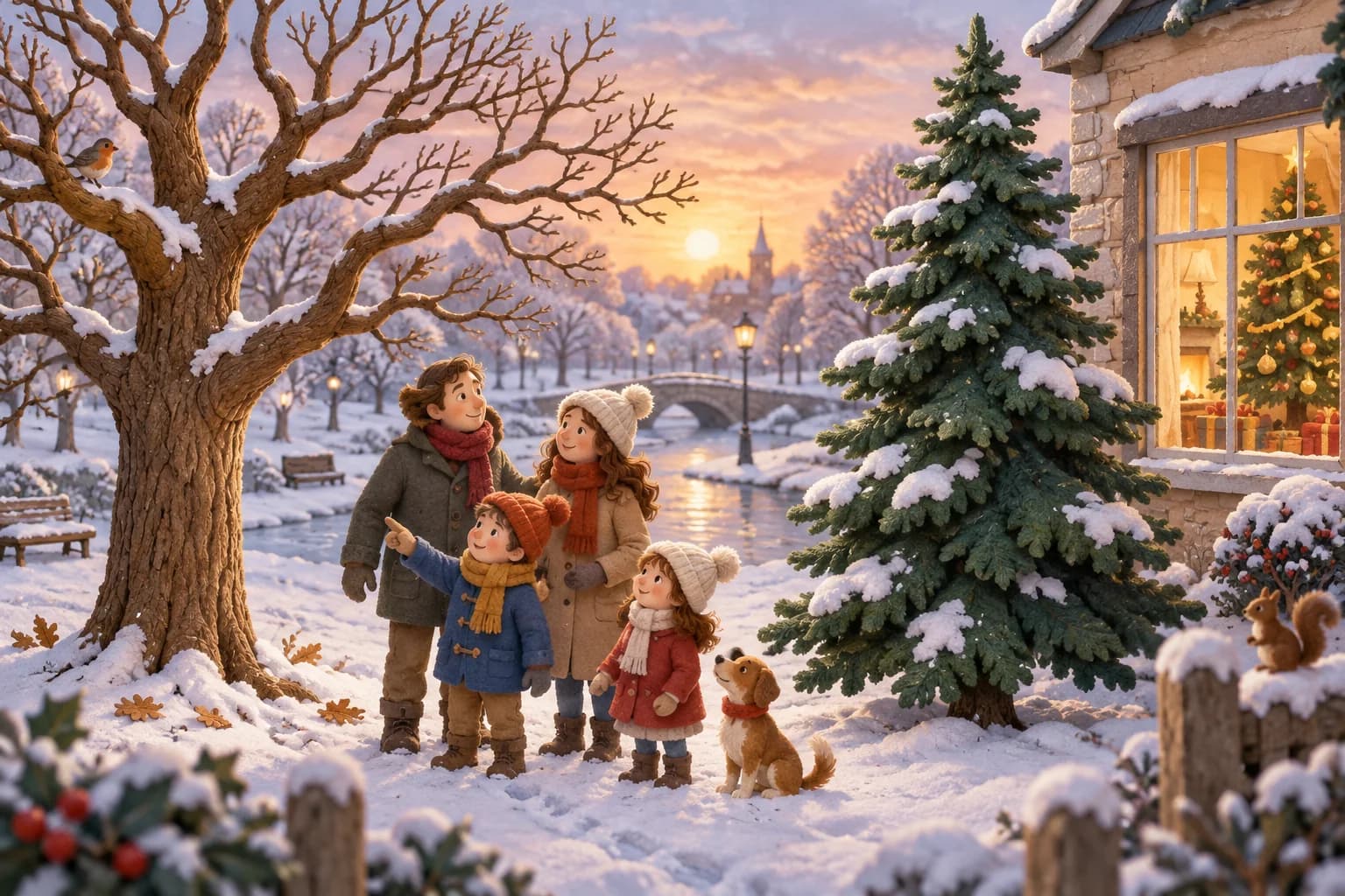 Un enfant compare un chêne sans feuilles et un sapin vert en hiver