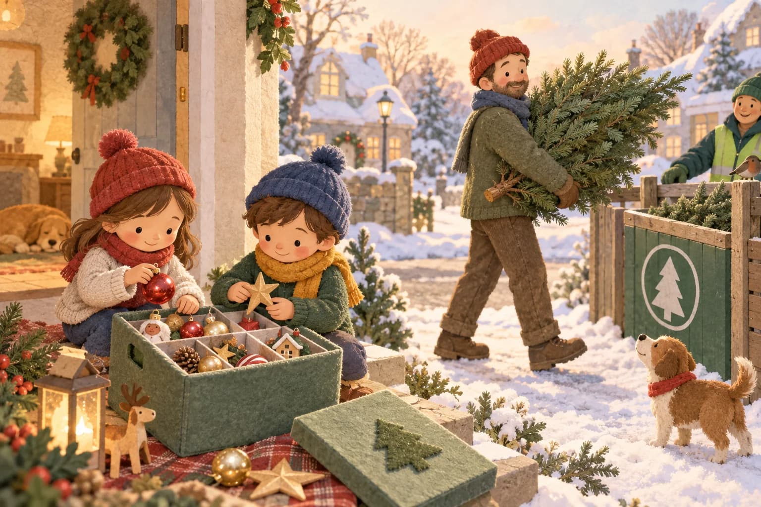 Une famille trie les décorations et emporte un sapin naturel vers un point de collecte