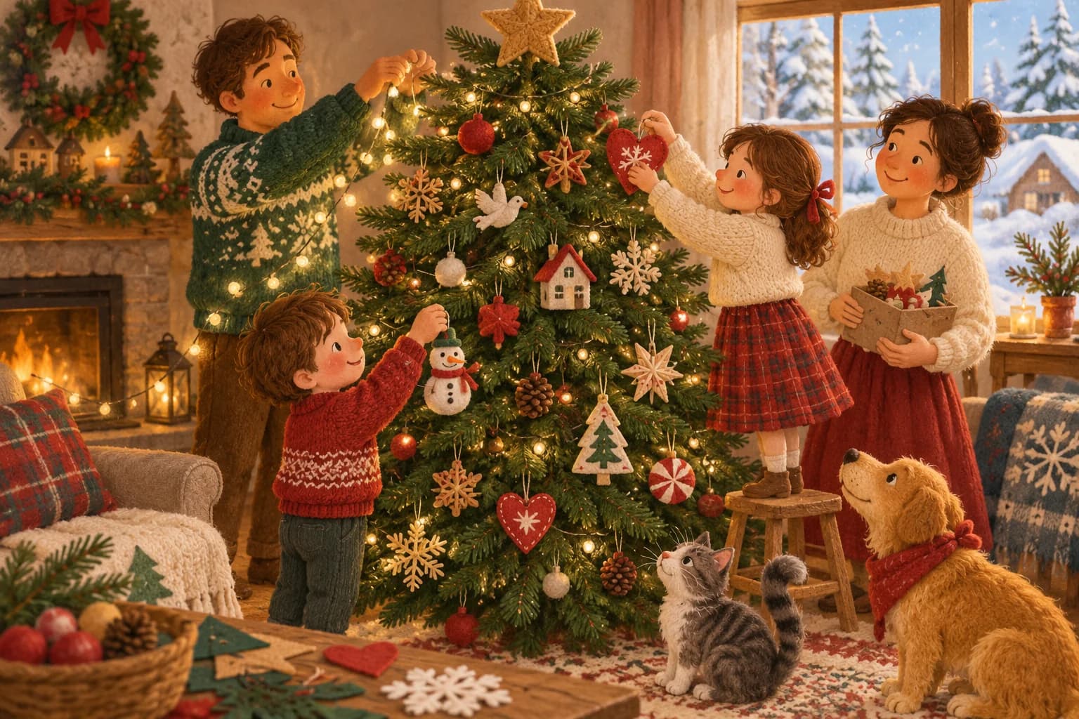 Une famille décore un sapin de Noël dans un salon chaleureux, avec des enfants qui accrochent des décorations fabriquées à la main et des adultes qui vérifient les guirlandes lumineuses.