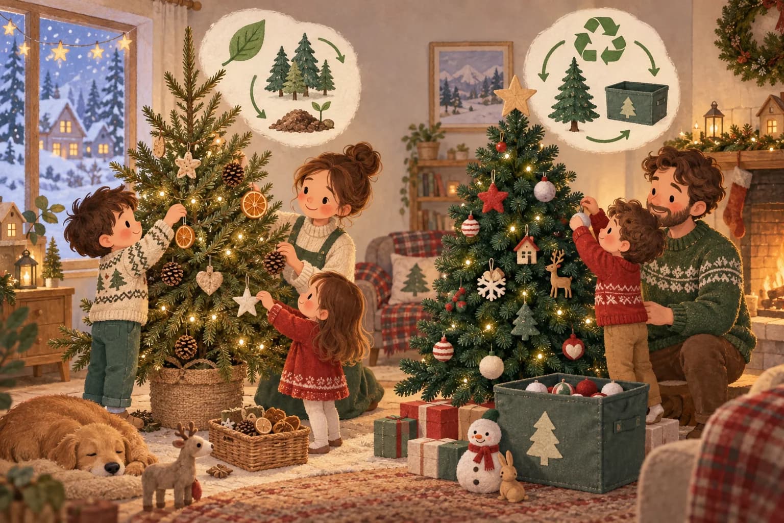 Une famille compare un sapin naturel et un sapin artificiel dans un salon décoré pour Noël