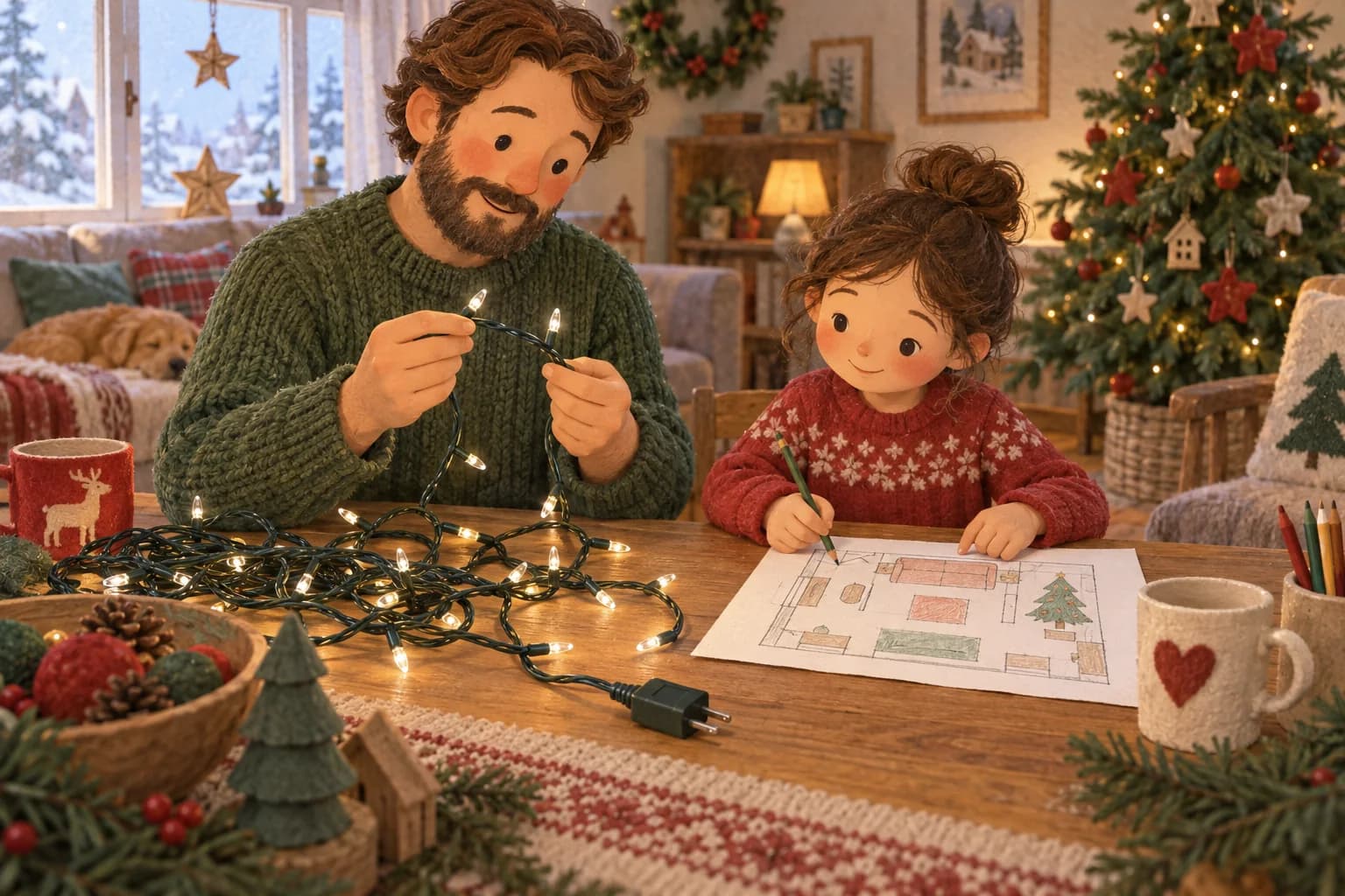 Un adulte et un enfant observent une guirlande débranchée sur une table, près du sapin de Noël.