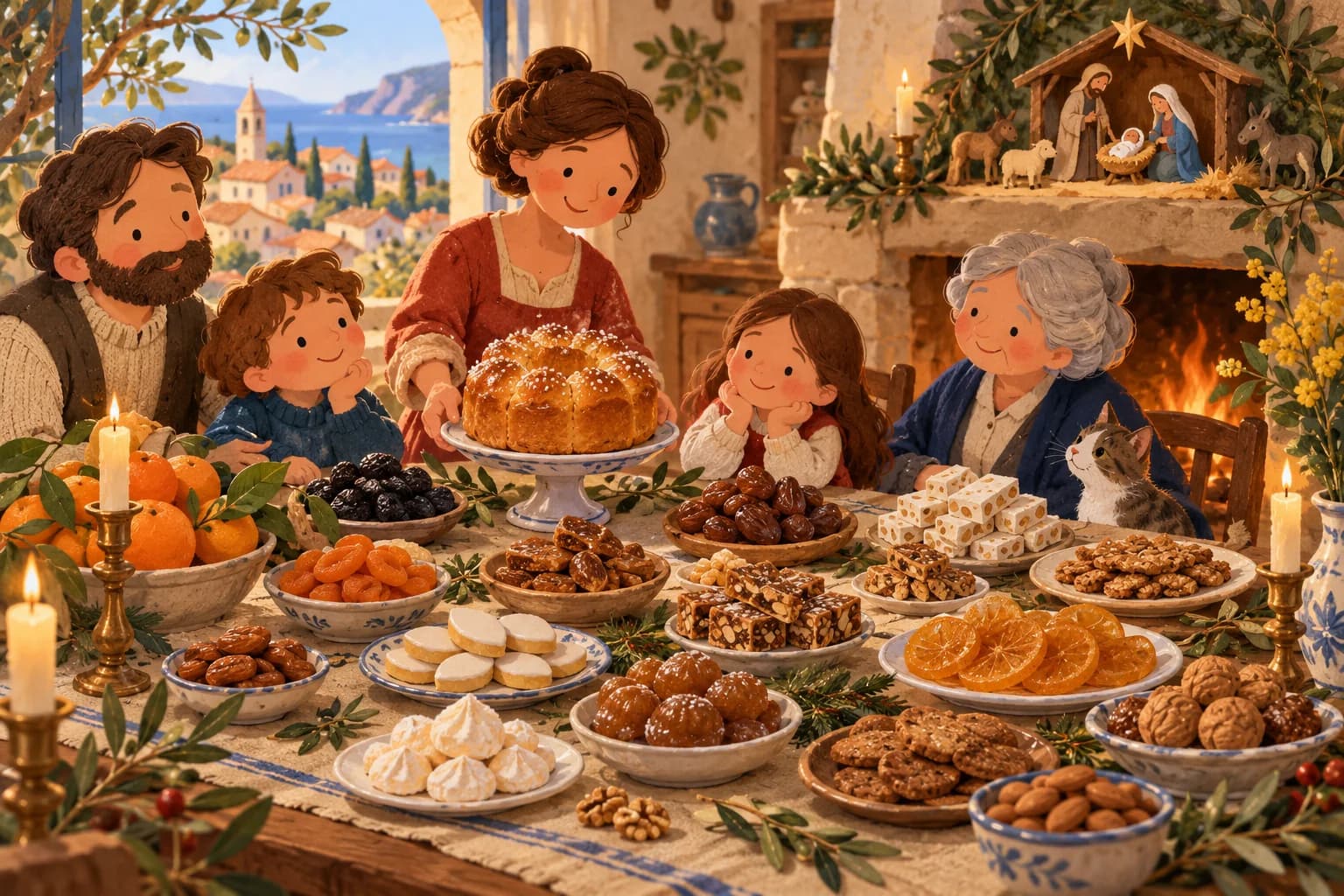 Table de Noël provençale avec treize desserts variés dans une ambiance familiale