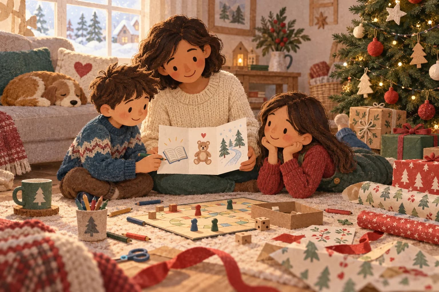 Un parent et deux enfants préparent une carte d’envies près d’un sapin et de quelques cadeaux.