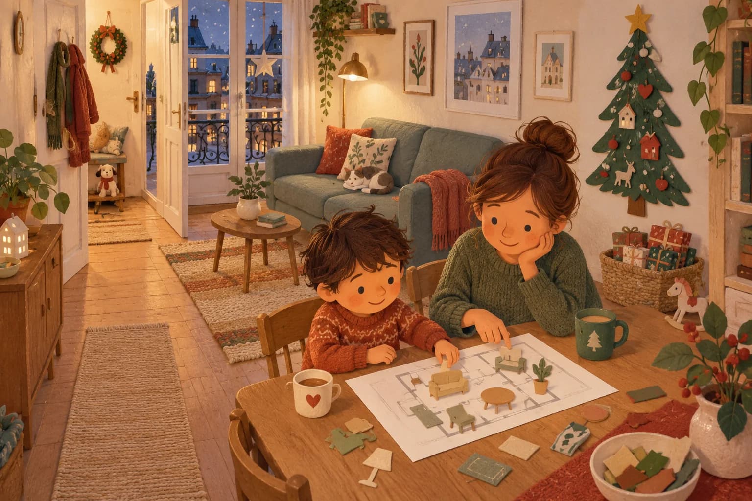 Un parent et un enfant préparent Noël dans un petit salon, avec un sapin mural et des cadeaux rangés dans un panier.