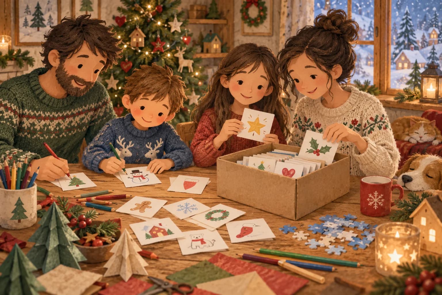 Deux enfants et des adultes préparent une boîte à activités autour d’une table décorée pour Noël.