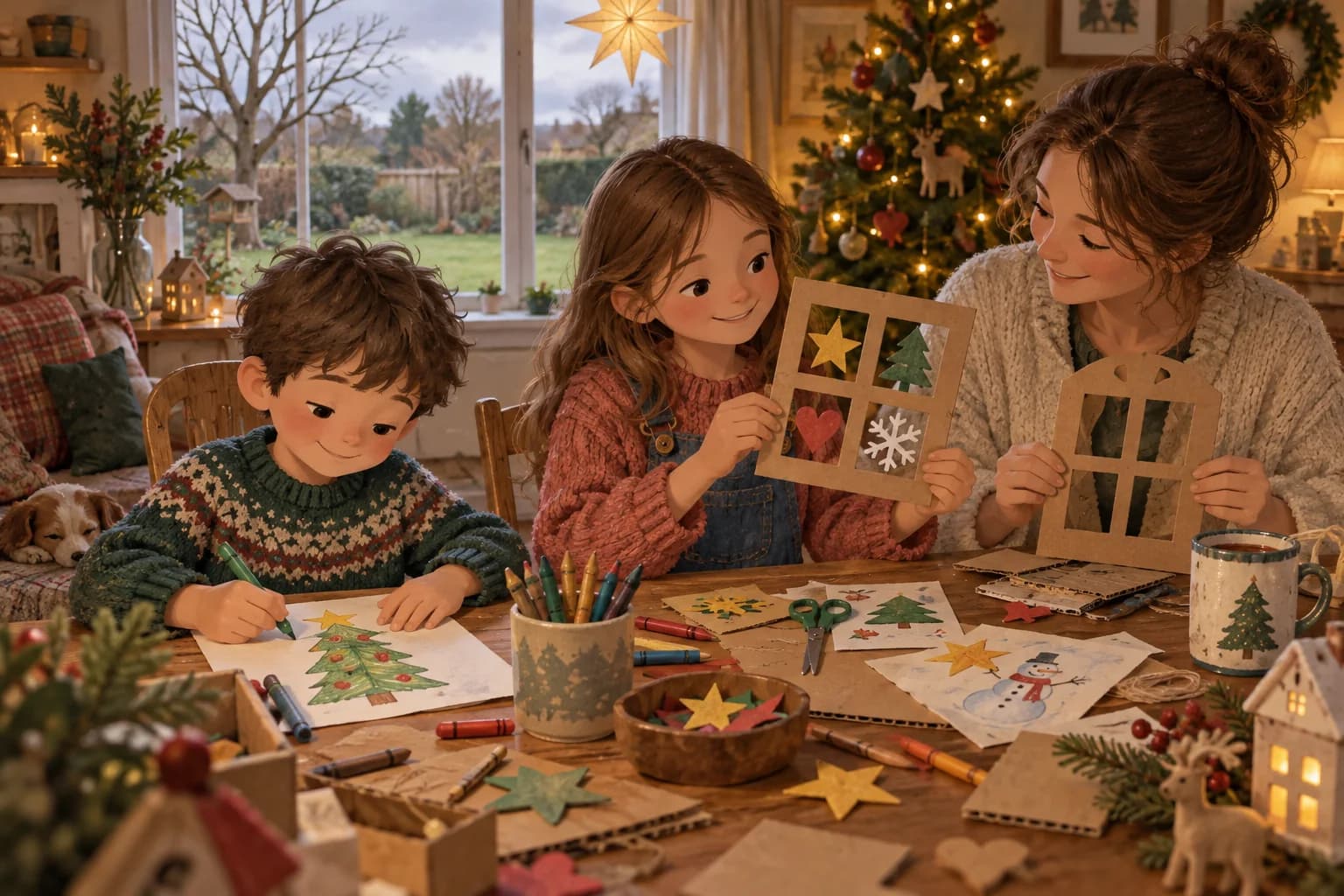 Deux enfants et un parent créent des décorations de Noël devant une fenêtre donnant sur un jardin sans neige.