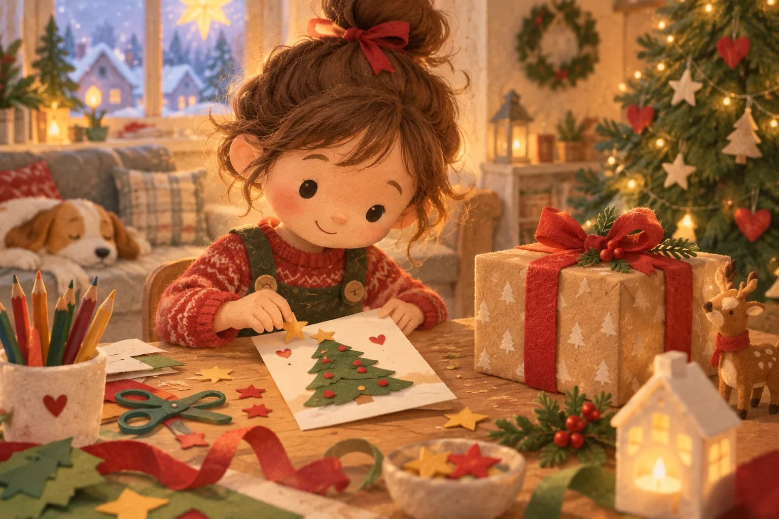 Enfant dessinant une carte de Noël près d’un cadeau emballé