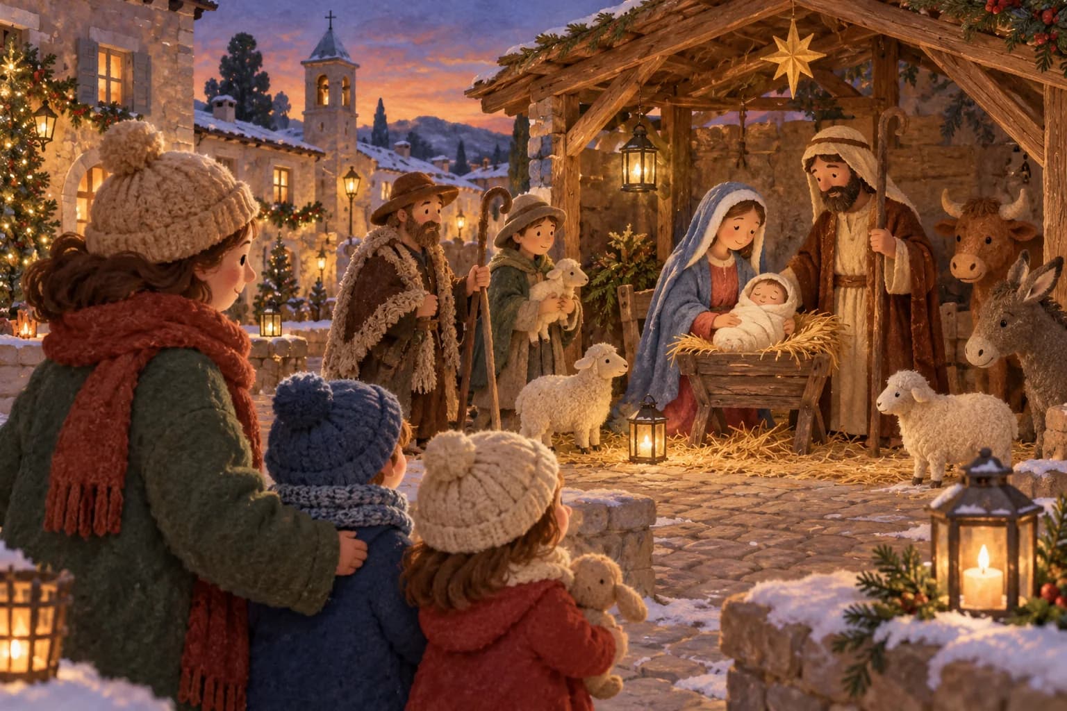 Une famille observe une crèche vivante éclairée par des lanternes sur une place de village.