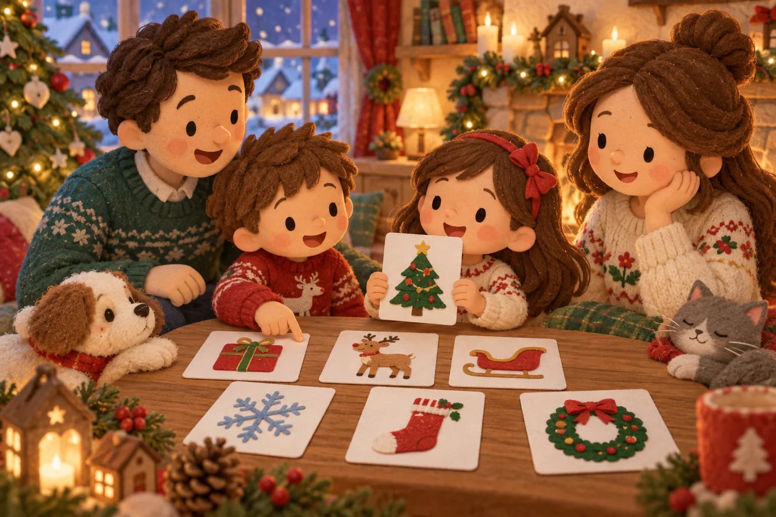 Une famille apprend des mots de Noël en anglais avec des images de sapin, cadeau, renne et traîneau