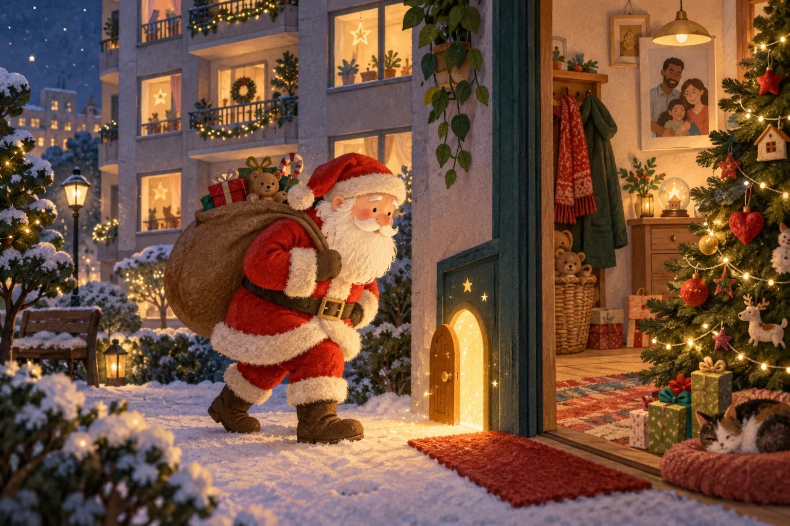 Le Père Noël arrive dans une maison sans cheminée par un passage magique
