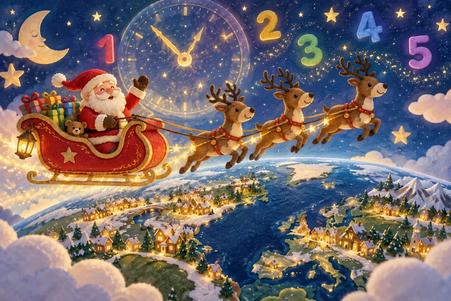Le Père Noël survole la Terre avec un grand cadran et des chiffres dans le ciel