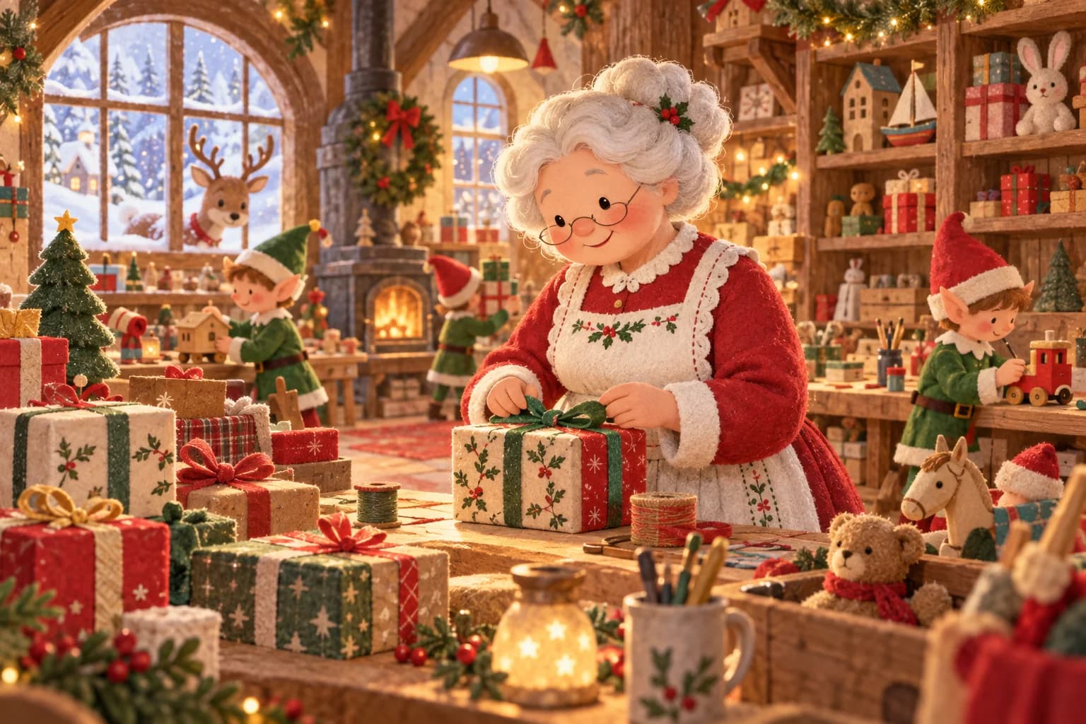 Mère Noël prépare des cadeaux dans un atelier enneigé avec des lutins