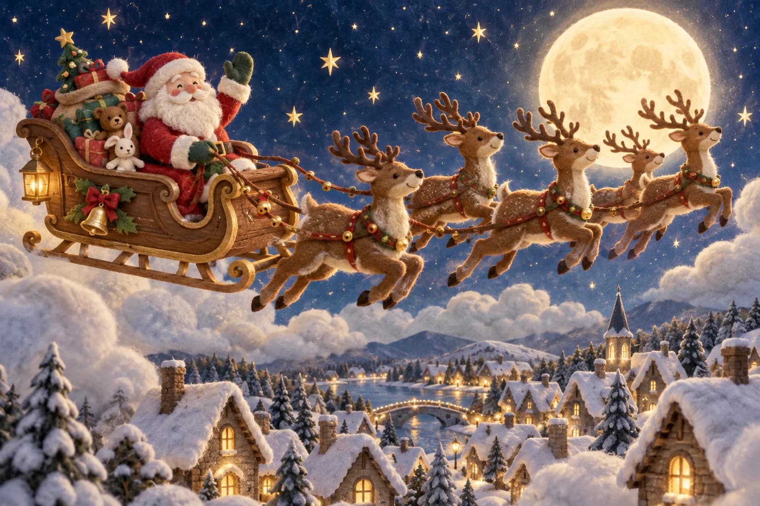 Le traîneau du Père Noël vole au-dessus des toits sous un ciel étoilé