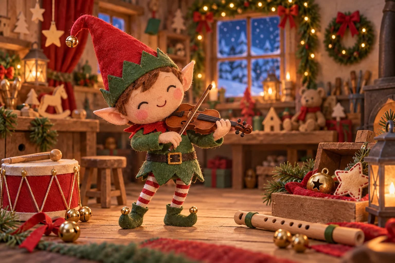 Lutin musicien jouant du violon avec des grelots et un tambour dans un atelier décoré pour Noël.