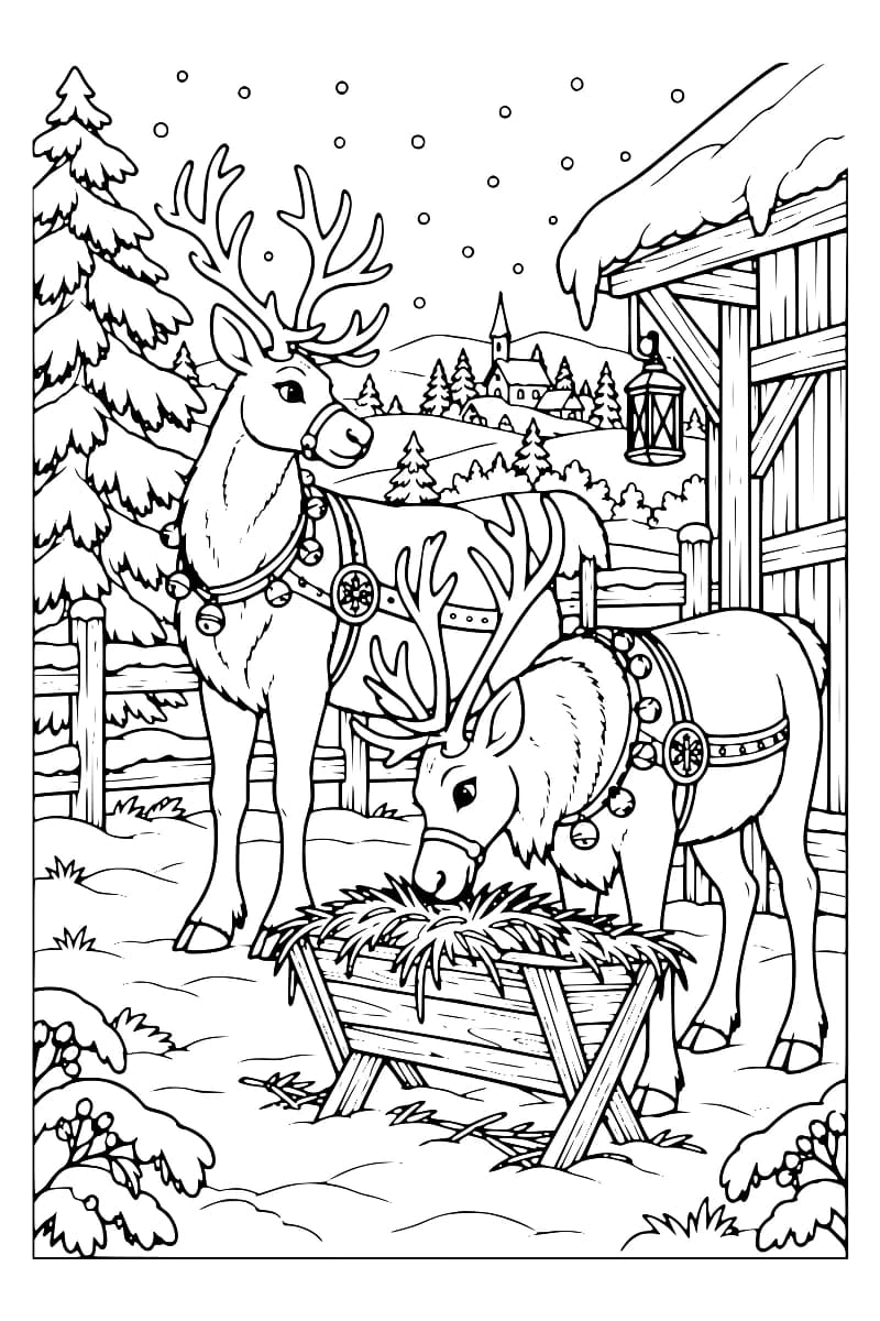 Dessin en noir et blanc de deux rennes harnachés, dont un mange du foin dans une mangeoire, devant une écurie enneigée avec des sapins et un village en arrière-plan.