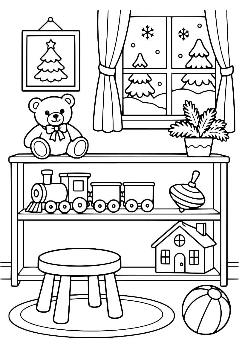 Chambre d’enfant avec une étagère de jouets, un ours en peluche, une plante, une fenêtre enneigée, un tabouret et un ballon.