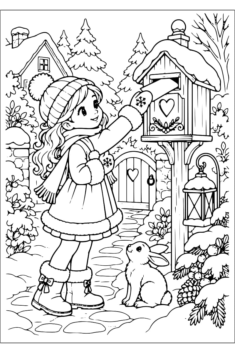 Dessin en noir et blanc montrant une fillette qui dépose une lettre dans une boîte aux lettres décorée d’un cœur, avec un lapin et des maisons enneigées en arrière-plan.