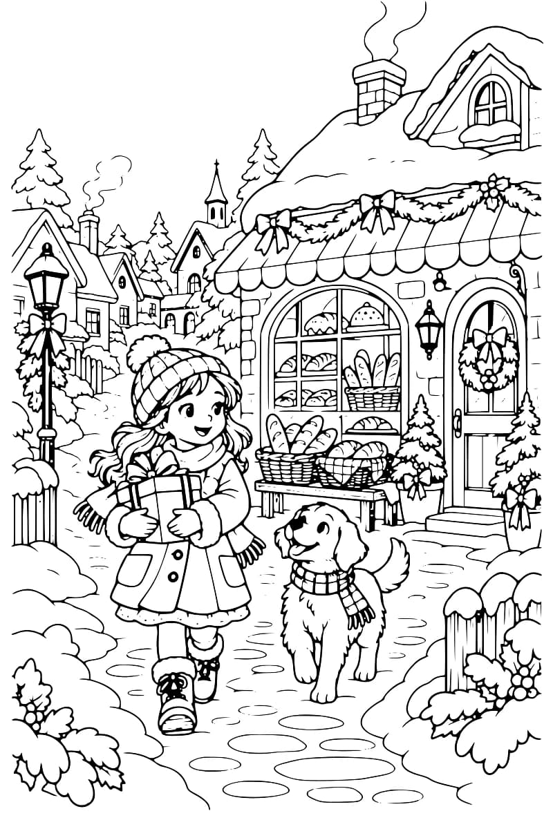 Dessin en noir et blanc à colorier montrant une boulangerie enneigée décorée de guirlandes, de nœuds et d’une couronne, avec une enfant et son chien au premier plan.