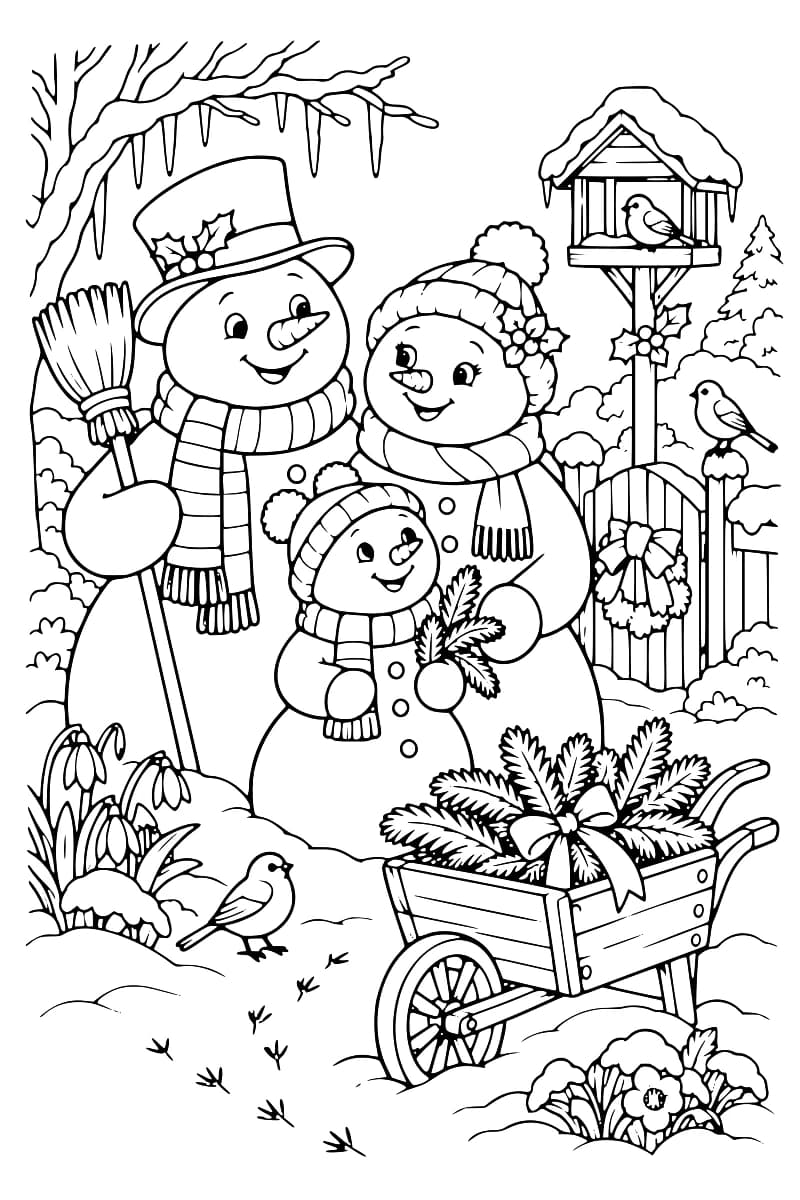 Trois bonshommes de neige dans un jardin enneigé, avec des oiseaux, une mangeoire, une brouette et des plantes.