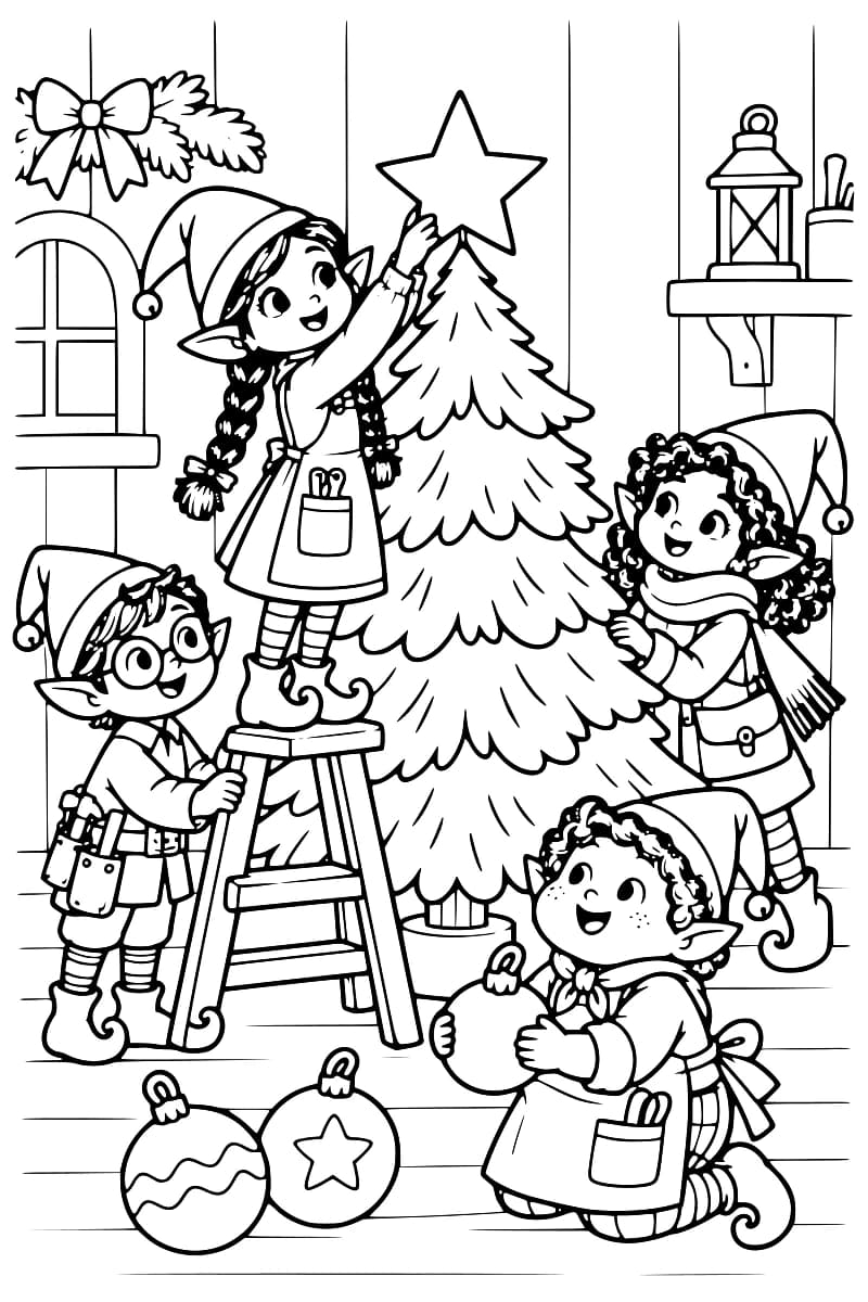 Coloriage de quatre lutins décorant un grand sapin, dont une lutine installe une étoile au sommet avec l’aide d’un escabeau.