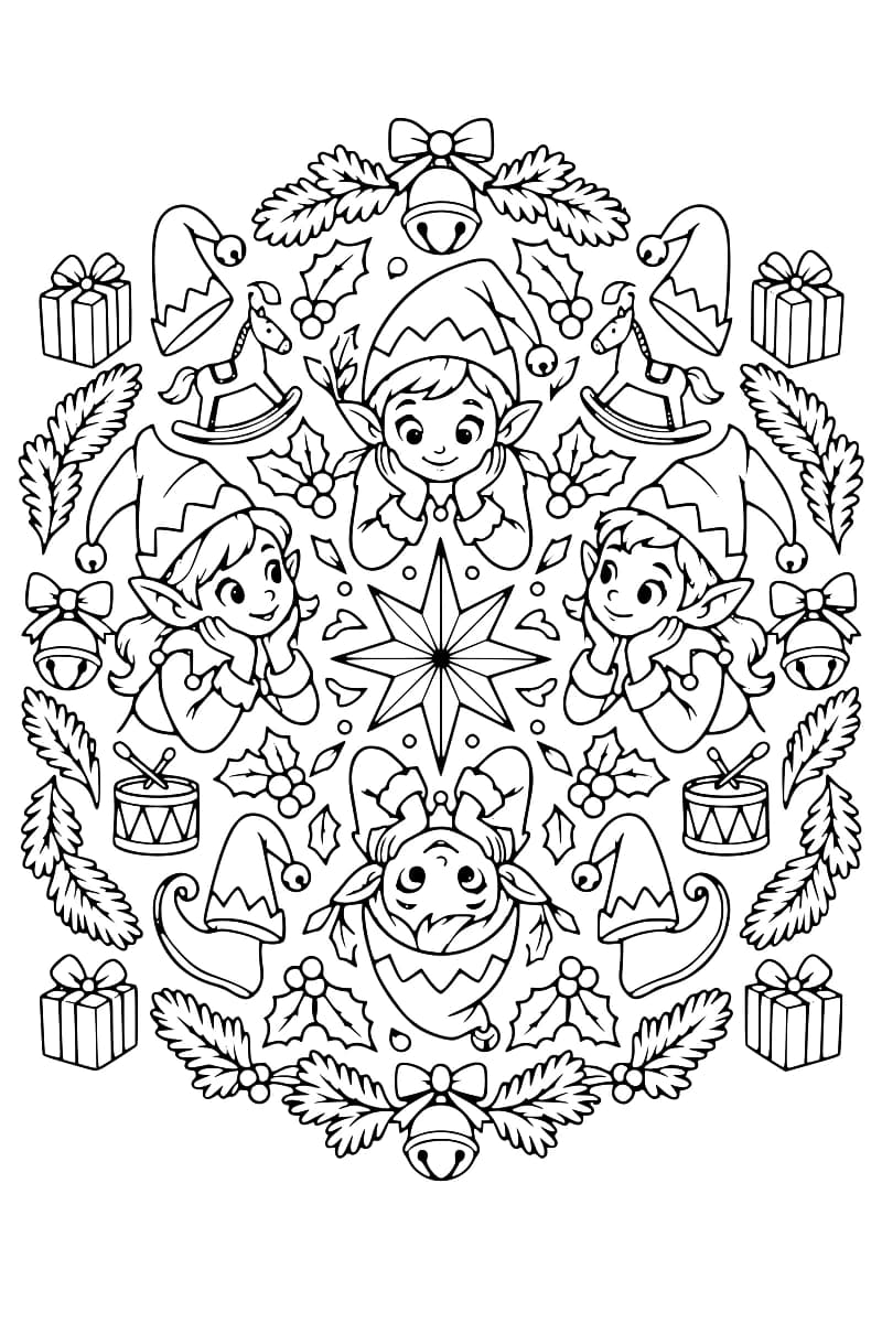 Mandala symétrique représentant quatre lutins autour d’une grande étoile, avec des cadeaux, des clochettes, du houx et des jouets.