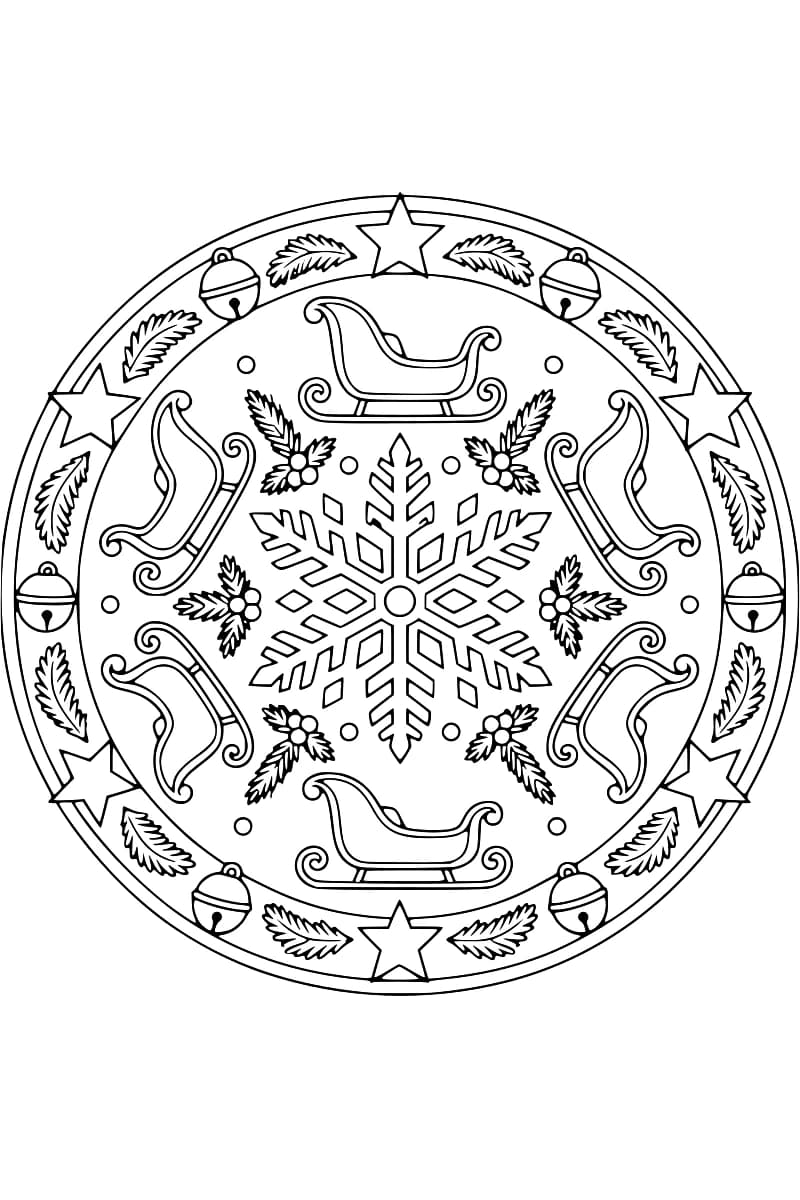 Mandala noir et blanc composé de six traîneaux disposés autour d’un grand flocon central.
