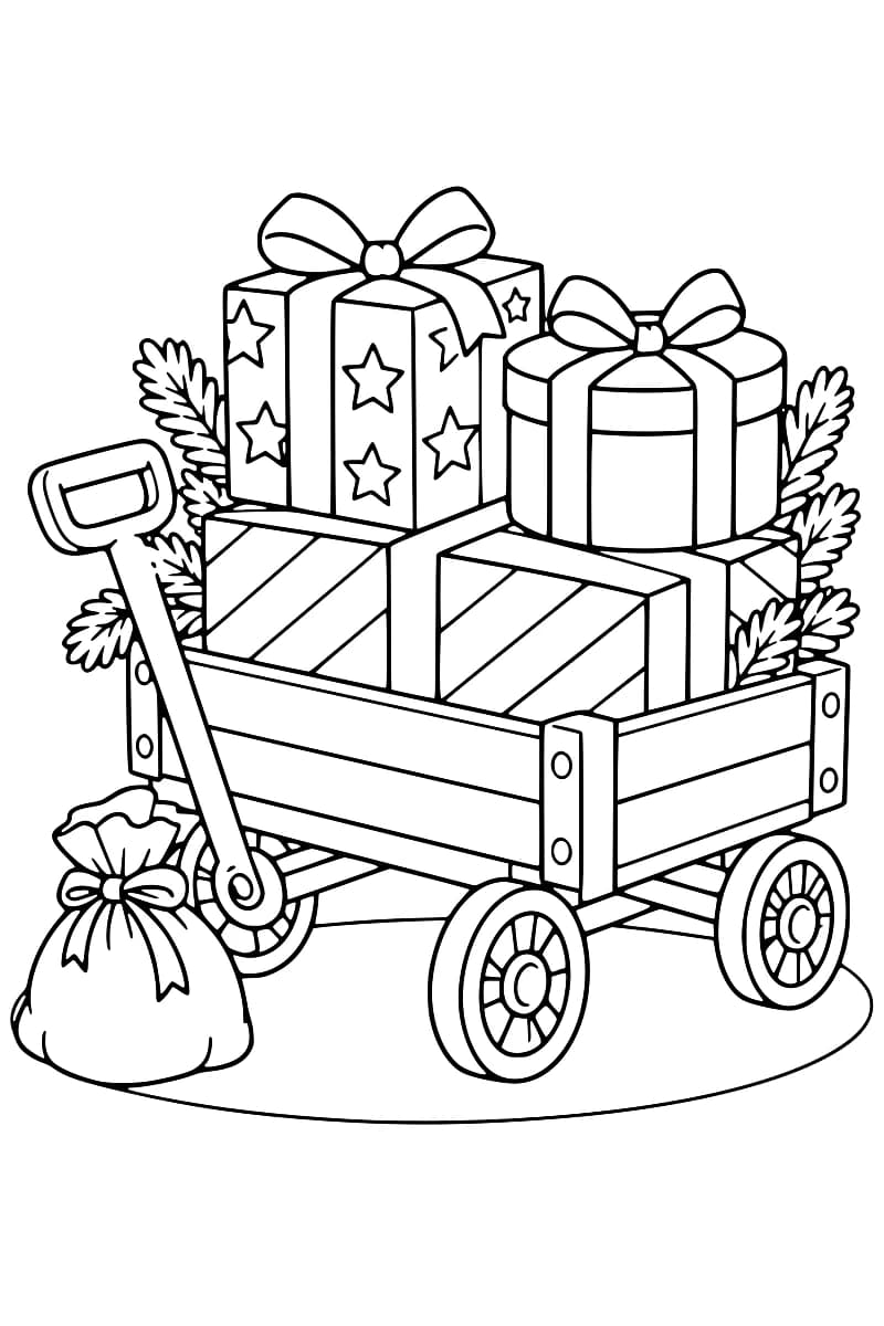 Dessin au trait d’un chariot à quatre roues rempli de cadeaux à rubans, entourés de feuillage, avec un sac noué au premier plan.