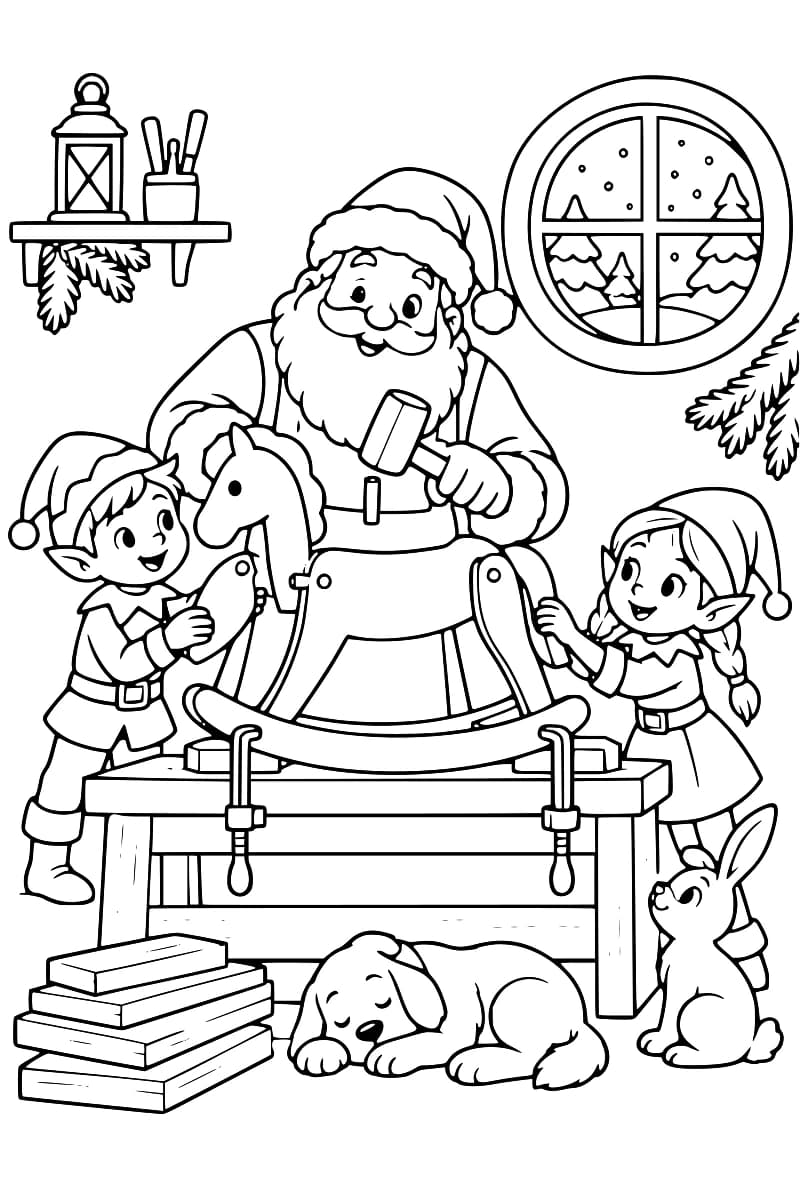 Père Noël et deux lutins construisant un cheval à bascule sur un établi, avec un chien et un lapin à leurs pieds.