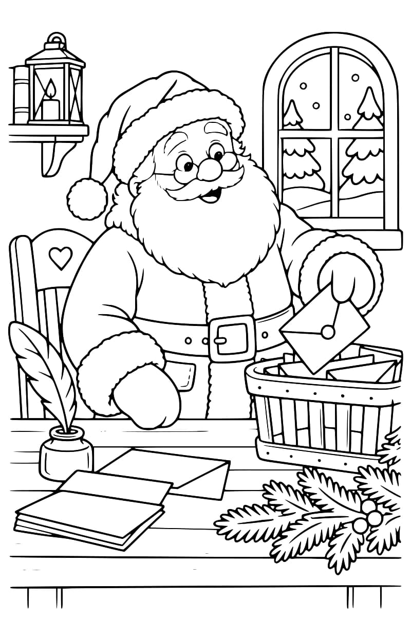 Père Noël déposant une enveloppe dans un panier de courrier, avec d’autres lettres, une plume et un décor de Noël autour de lui.