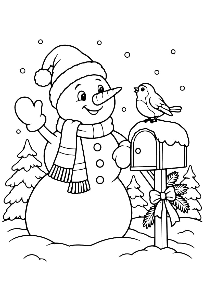 Dessin en noir et blanc d’un bonhomme de neige souriant près d’une boîte aux lettres enneigée, avec un rouge-gorge posé dessus et des sapins en arrière-plan.