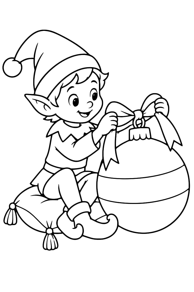 Dessin au trait d’un lutin assis sur un coussin, tenant un ruban au sommet d’une grande boule de Noël.