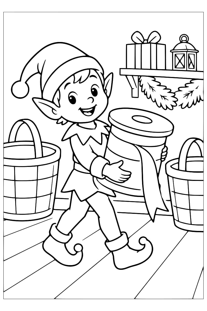 Lutin souriant portant un grand rouleau de ruban entre deux paniers, dans un atelier avec des cadeaux sur une étagère.