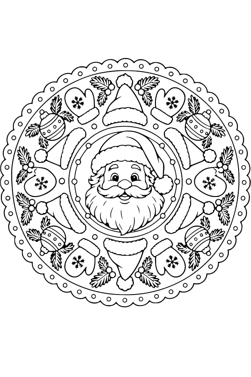 Mandala en noir et blanc représentant le Père Noël au centre, entouré de bonnets, de moufles, de boules de Noël et de branches de houx.