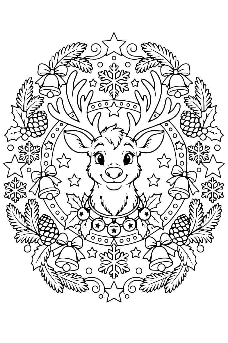 Dessin de coloriage en noir et blanc représentant un renne souriant au centre d’un motif circulaire décoré de cloches, de flocons, d’étoiles et de branches de sapin.