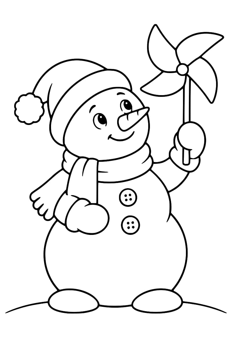 Dessin en noir et blanc d’un bonhomme de neige avec un nez en carotte, un bonnet à pompon, une écharpe, des moufles et deux boutons, tenant un moulin à vent à quatre pales.