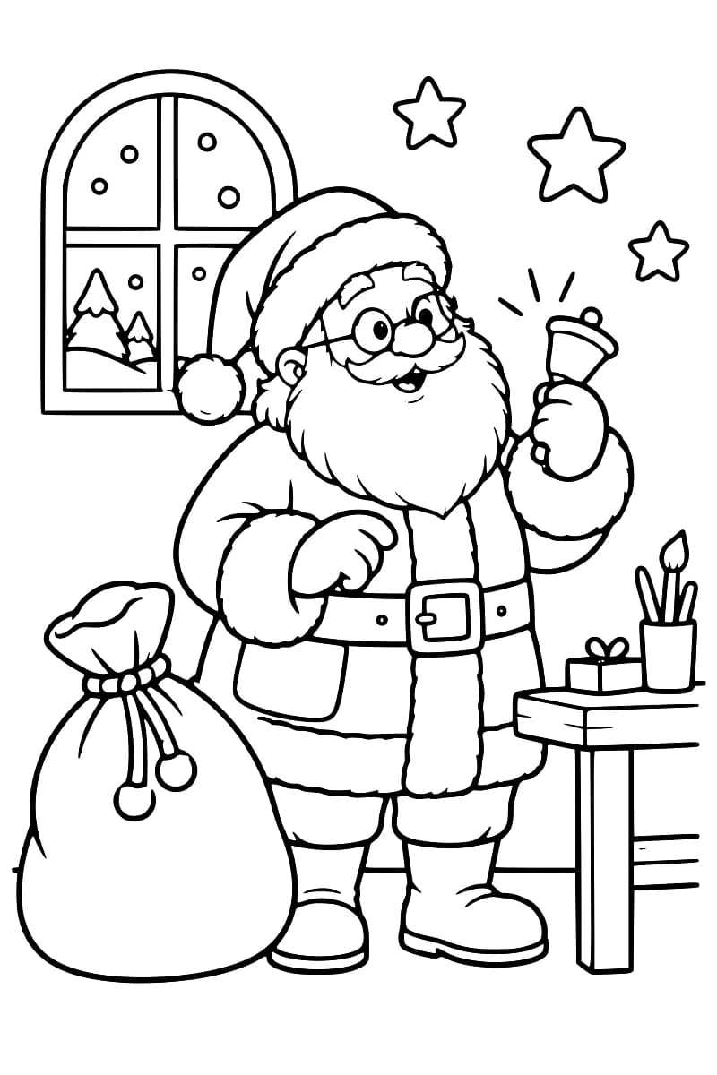 Dessin à colorier représentant le Père Noël avec ses lunettes rondes, sa barbe et son sac, tenant une clochette devant une fenêtre enneigée.