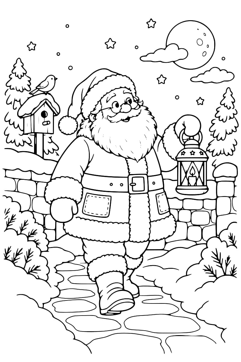 Dessin en noir et blanc du Père Noël avançant sur un chemin enneigé avec une lanterne, devant une clôture en pierre et parmi des sapins.