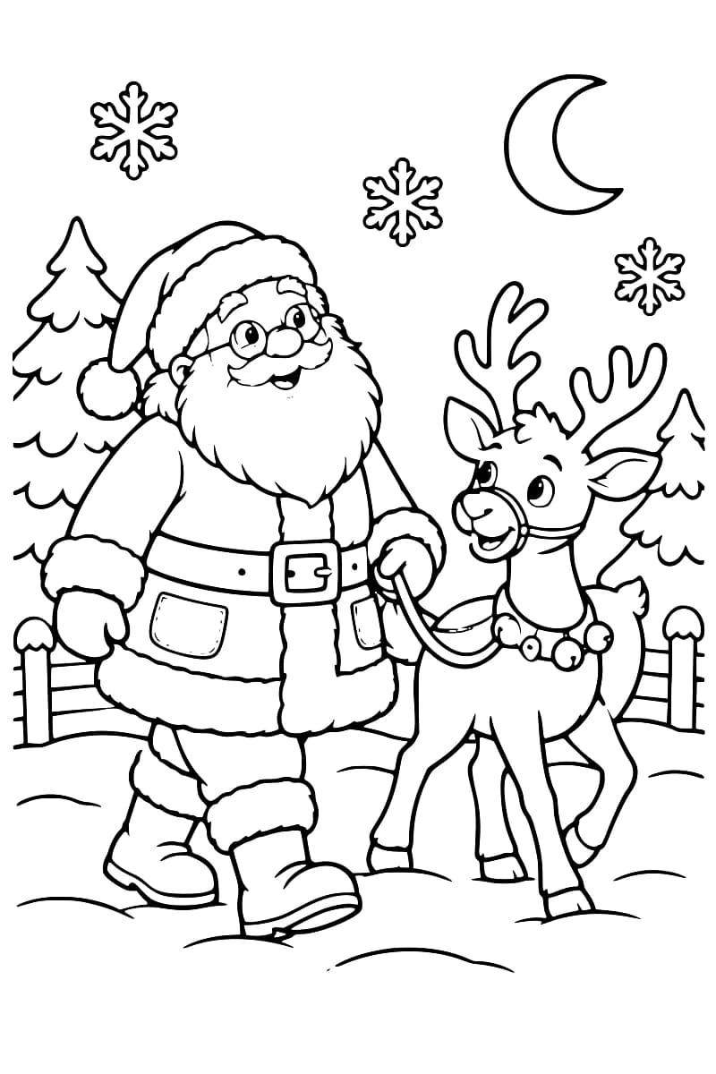 Dessin en noir et blanc du Père Noël à lunettes marchant aux côtés d’un renne dans un paysage enneigé.