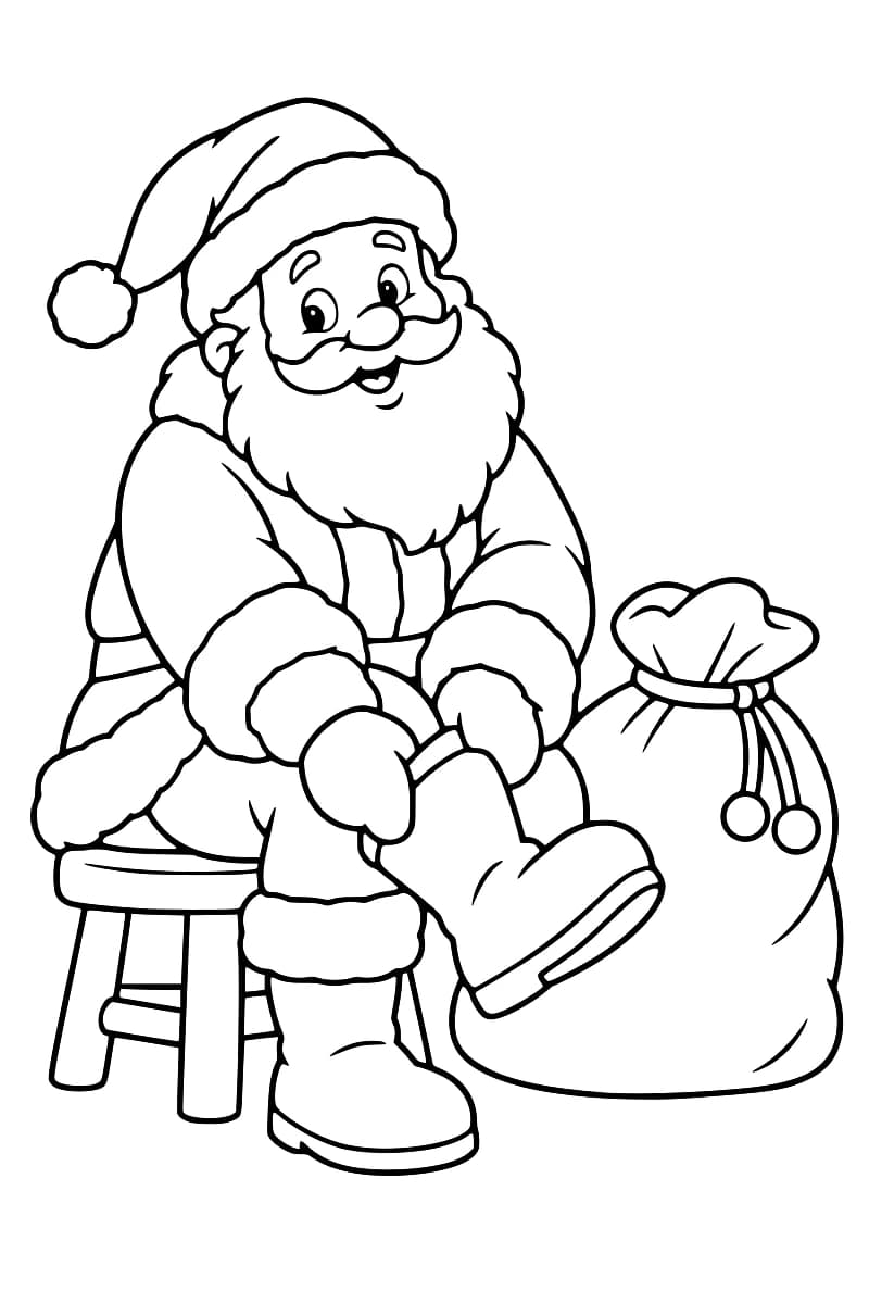 Dessin en noir et blanc du Père Noël assis sur un tabouret, en train de mettre une botte près d’un grand sac.