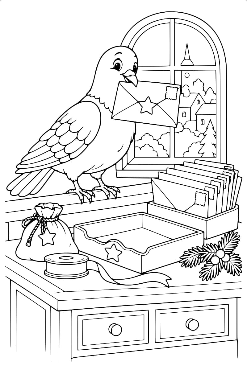 Dessin en noir et blanc d’un pigeon tenant une enveloppe devant une fenêtre, avec des lettres dans des casiers sur un bureau.