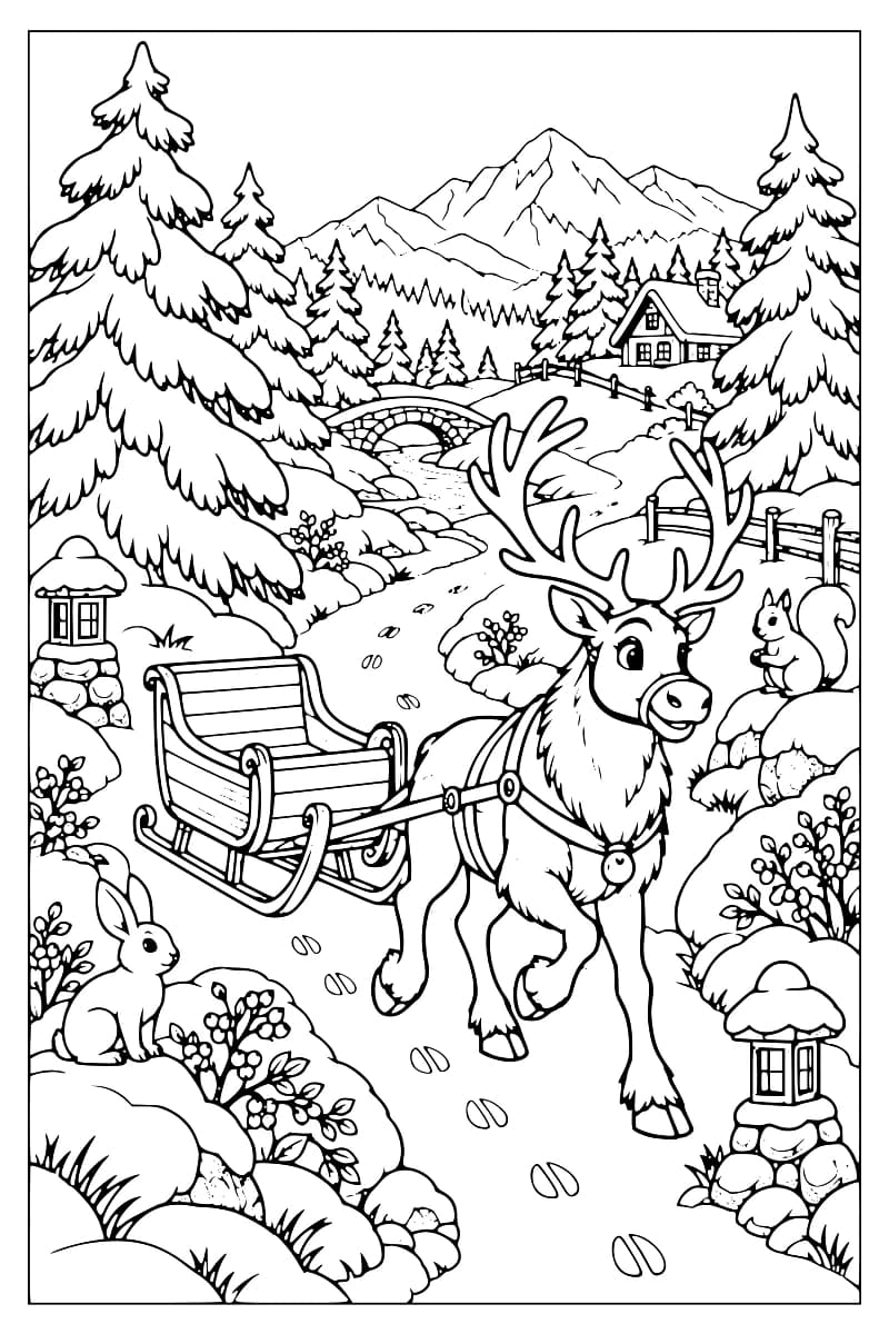 Dessin en noir et blanc d’un renne attelé à un traîneau vide sur un chemin enneigé, entouré de sapins, de lapins et d’un écureuil.