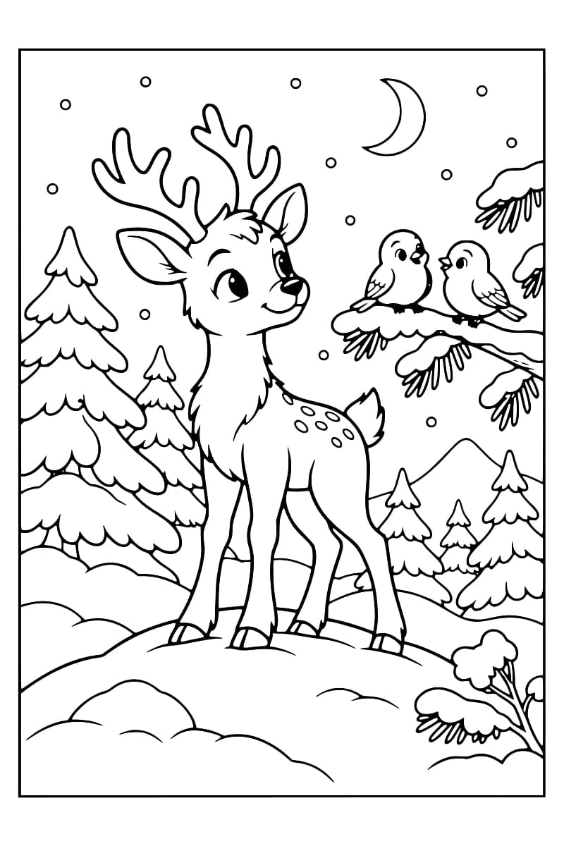 Coloriage représentant un jeune renne sur une colline enneigée, deux oiseaux sur une branche, des sapins et un croissant de lune.