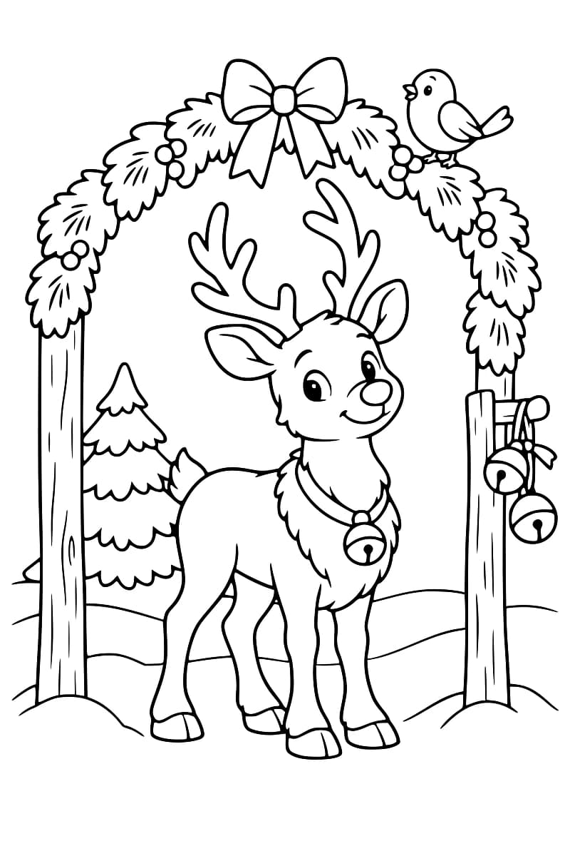 Dessin en noir et blanc d’un renne debout sous une arche de feuillage décorée de clochettes et d’un grand nœud, avec un oiseau et des sapins en arrière-plan.