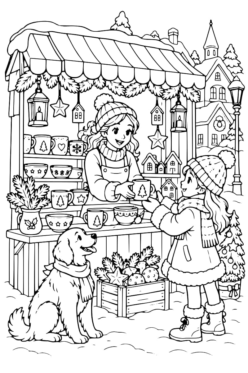 Dessin détaillé à colorier d’un stand de poterie au marché de Noël, avec une vendeuse, une cliente, un chien, de la vaisselle décorée, des lanternes et des maisons miniatures.