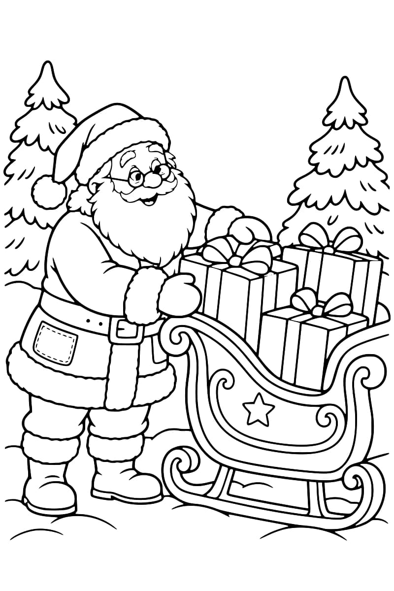 Père Noël à lunettes debout près d’un traîneau décoré rempli de cadeaux, avec des sapins en arrière-plan.