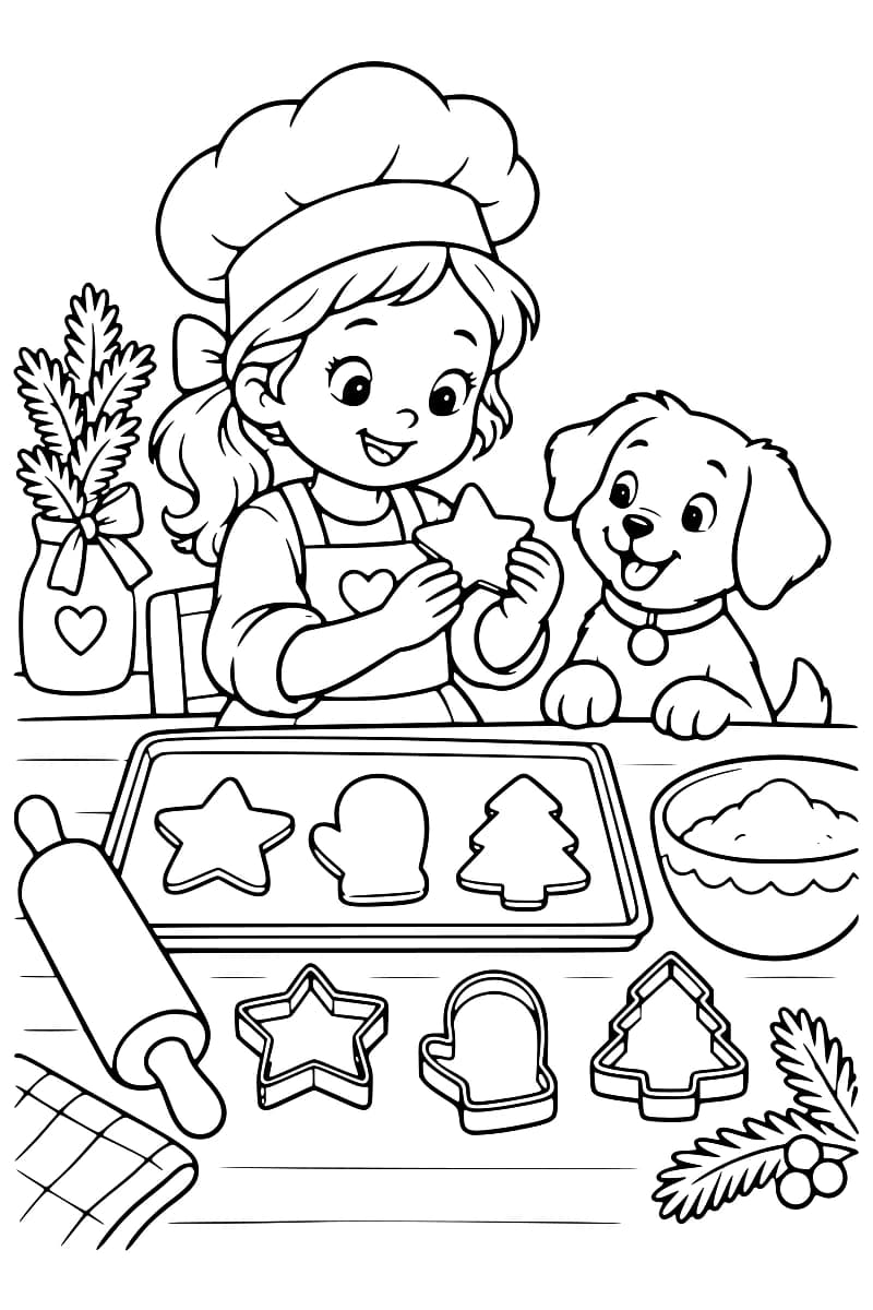 Dessin à colorier montrant une enfant en toque et en tablier tenant un biscuit en forme d'étoile, accompagnée d'un chien devant une plaque de biscuits en forme d'étoile, de moufle et de sapin.