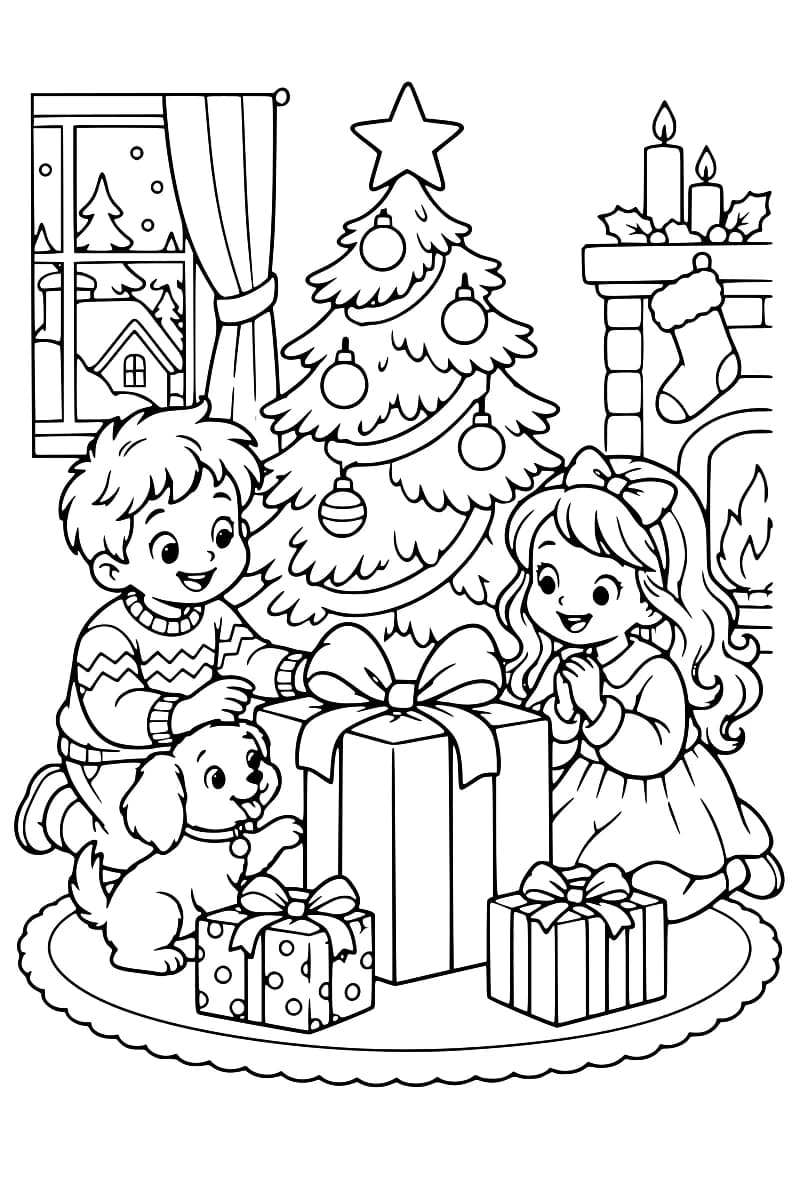 Deux enfants et un chien entourent plusieurs paquets cadeaux sous un sapin de Noël, avec une cheminée et une fenêtre en arrière-plan.