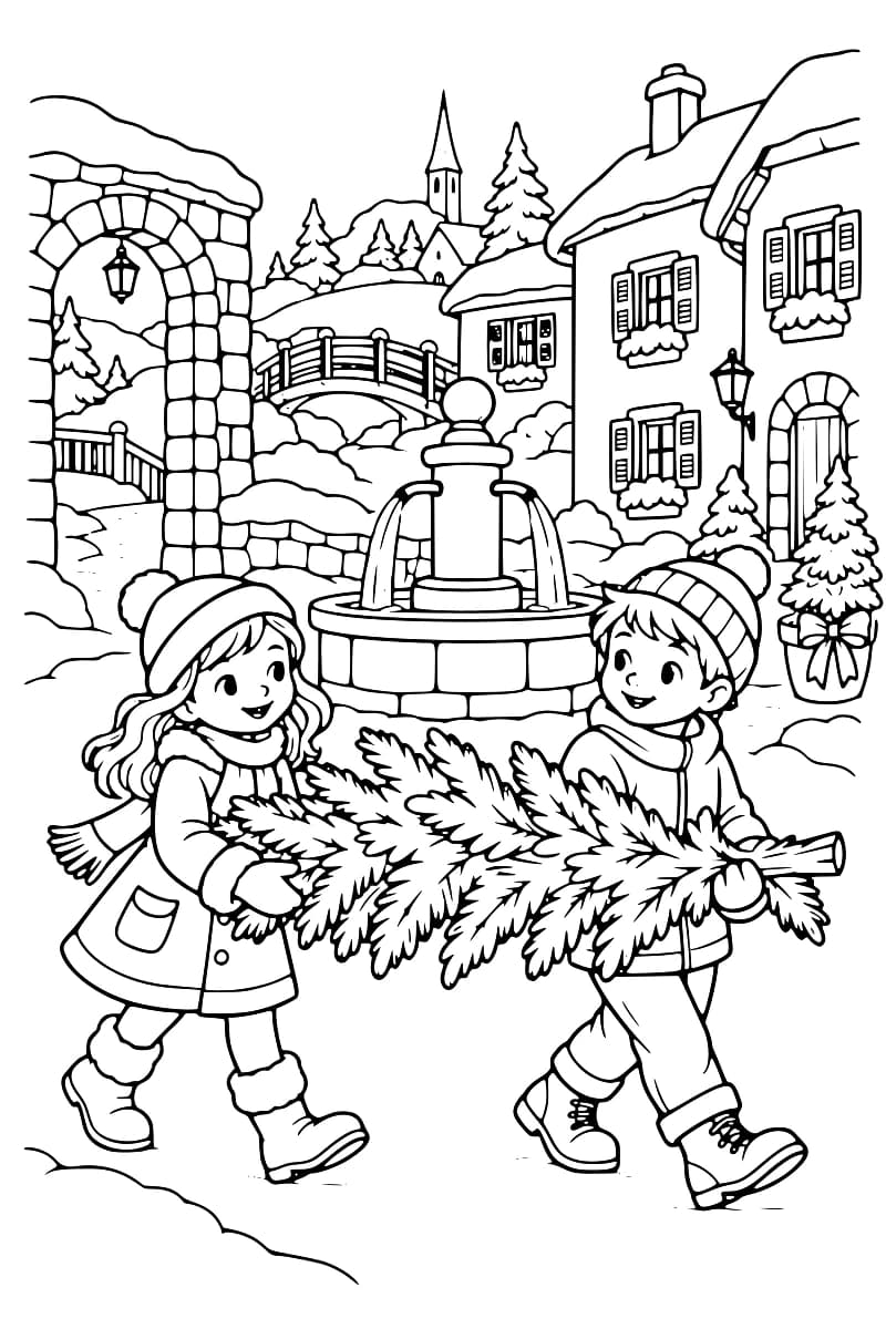 Deux enfants en vêtements d’hiver portant une grande branche de sapin dans un village enneigé, devant une fontaine.